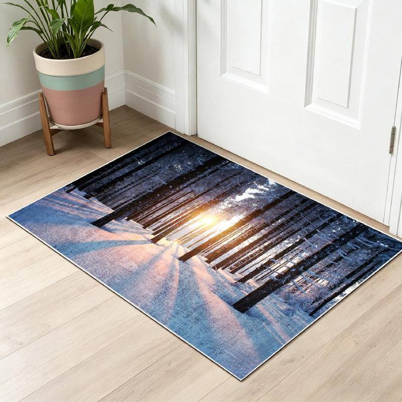 Tapis vert lavable à la machine, arbres en bois au coucher du soleil, Rectangle 32" x 47"