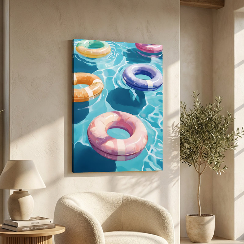 Impressionistic 'Colourful Inflatable Pool Rings' Wrapped Canvas Print