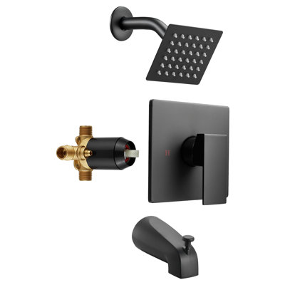 Ensemble de robinet de baignoire et de douche, complet avec pomme de douche à effet de pluie de 4 pouces et bec de baignoire, ensemble de garniture de baignoire à une poignée et jet simple avec garniture de soupape en acier inoxydable 304 pour salle de bain, noir mat