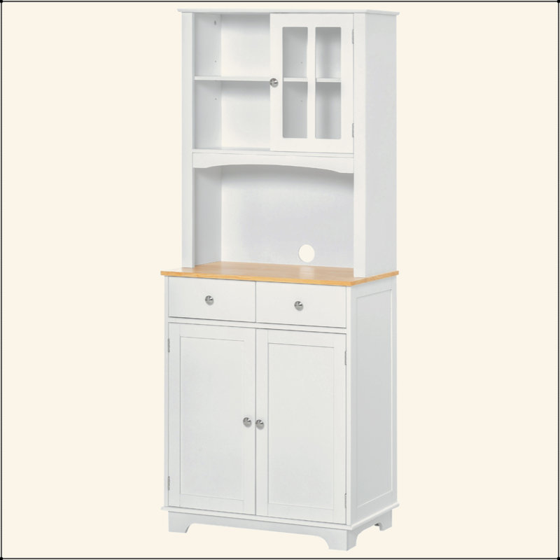 Buffet de cuisine autoportant de 67 po avec huche, garde-manger avec support à micro-ondes, tablette réglable, 2 tiroirs, armoire