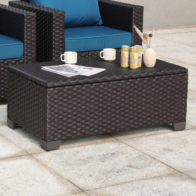 Outdoor Table with Storage Patio Table Wicker Coffee Table All-Weather Side Table Waterproof Cover, Dark Brown