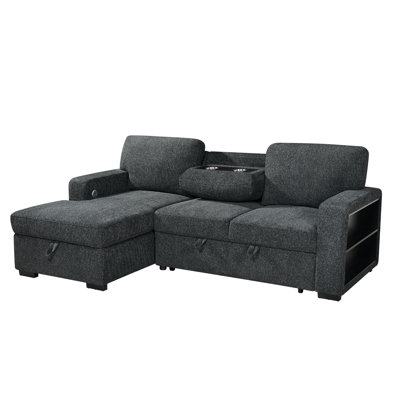 Canapé-lit coulissant en L, canapé-lit modulaire convertible avec méridienne de rangement, porte-gobelets et recharge USB, canapé réversible en lin pour le salon, noir