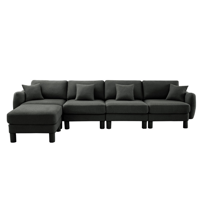 Boucle Fabric Convertible L Shape Sectional 4Seater Sofa Couch With Distinctive Shellshaped Armrests And Removable Ottoman,Cylindrical Legs Wrapped With Selffabric,Dark Grey  Color