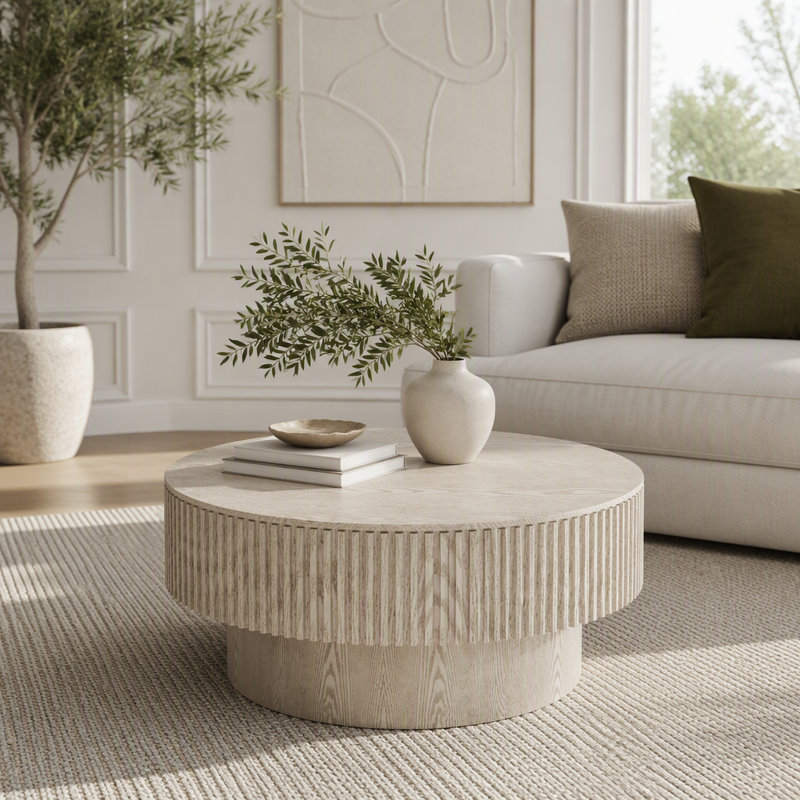 Table basse ronde avec rangement dissimulé, 32 lb, Blanc rétro
