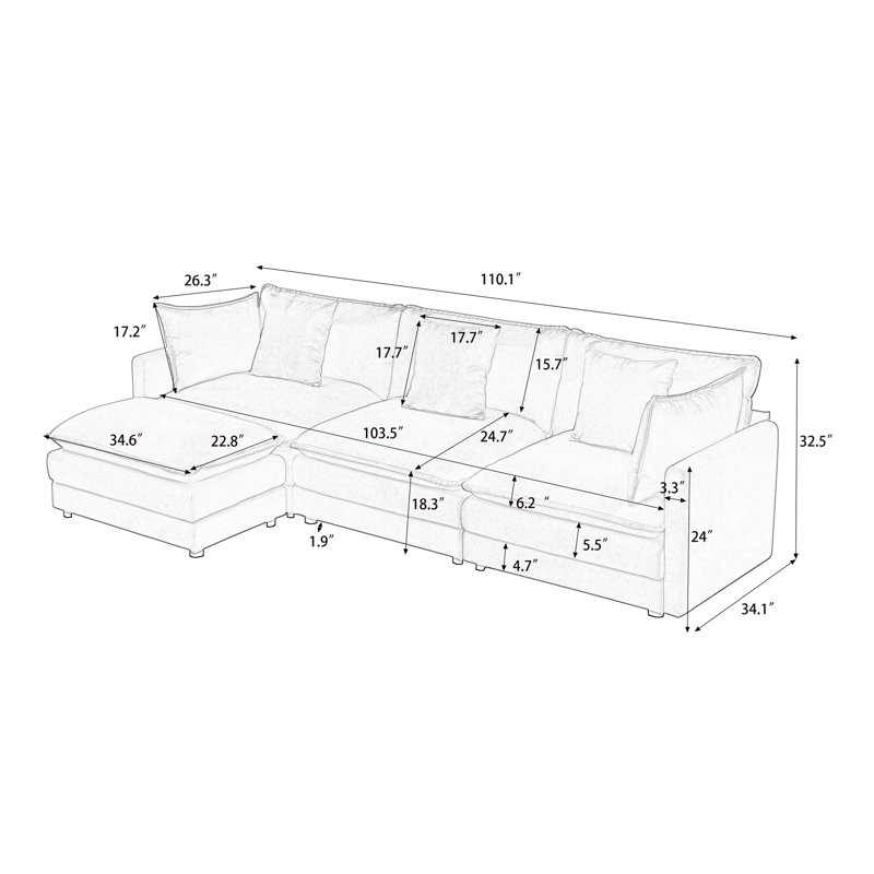 110" Chenille SOFA, Modular Combination SOFA, Deep Seated SOFA With Cushion, Beige