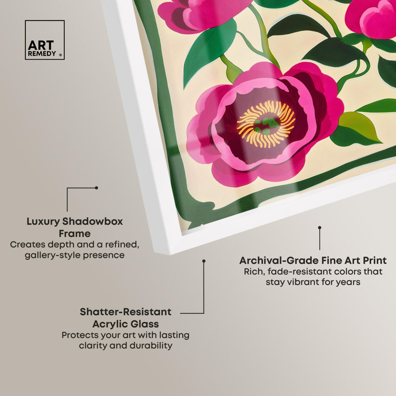 «Fourfold Peony II Shadowbox Print Flower Art Decor» par Art Remedy, H 21 po x l 17 po, Blanc