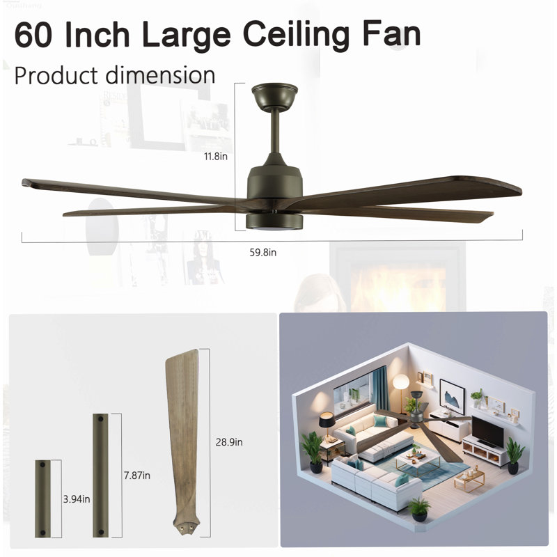 Ventilateurs de plafond minimalistes modernes de 60 pouces avec pales en bois massif réversible et télécommande bronze