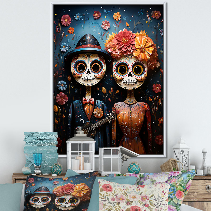 Art mexicain, Jour des Morts 1 - Art mural mexicain, Cadre flottant blanc, H 32 po x l 16 po