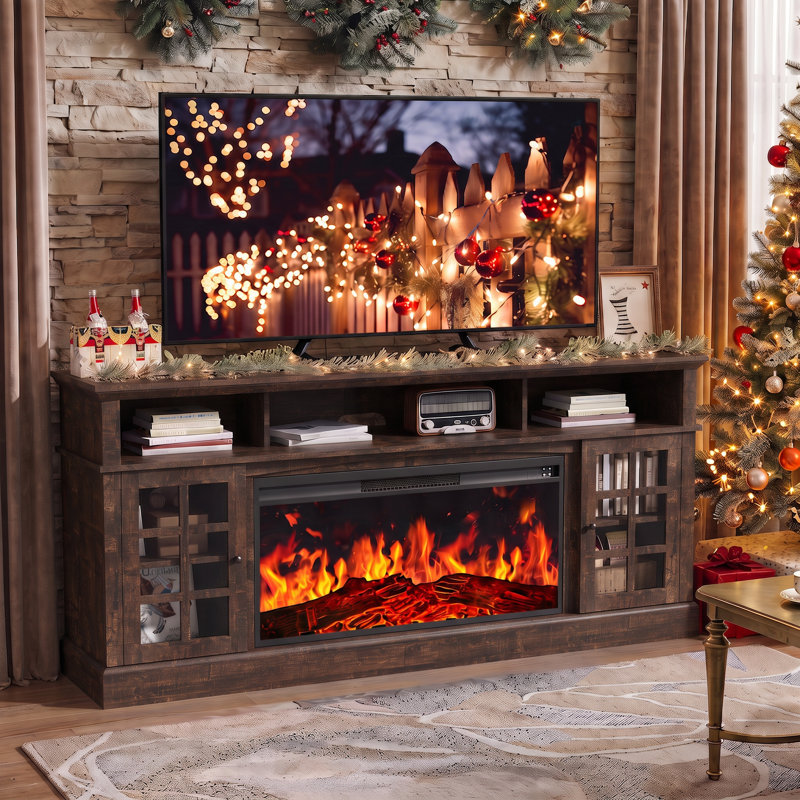 Fireplace TV Stand for 85" TVs with Electric Fireplace, Farmhouse TV Console & Entertainment Center , Brown