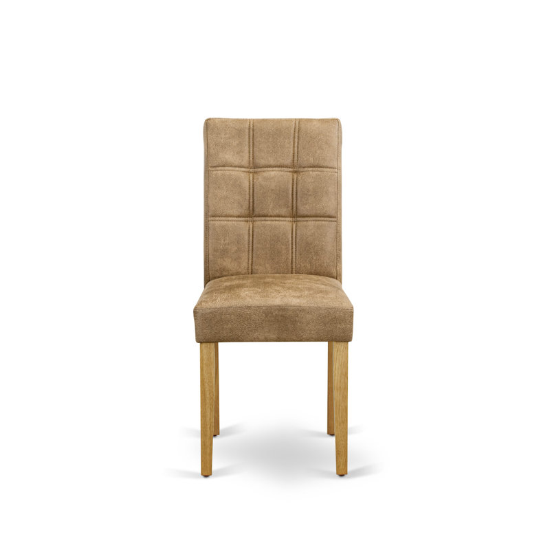 Amelius Parsons Kitchen Chairs - Brown Textured Polyester Fabric Padded Seat and Button Tufted Chair Back – Oak Finish, SET OF 2