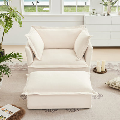Fauteuil rembourré avec housse avec repose-pieds, fauteuil à assise profonde avec repose-pieds large pour le salon, ensembles de fauteuils avec grands coussins moelleux (ensemble de 2), tissu chenille, crème
