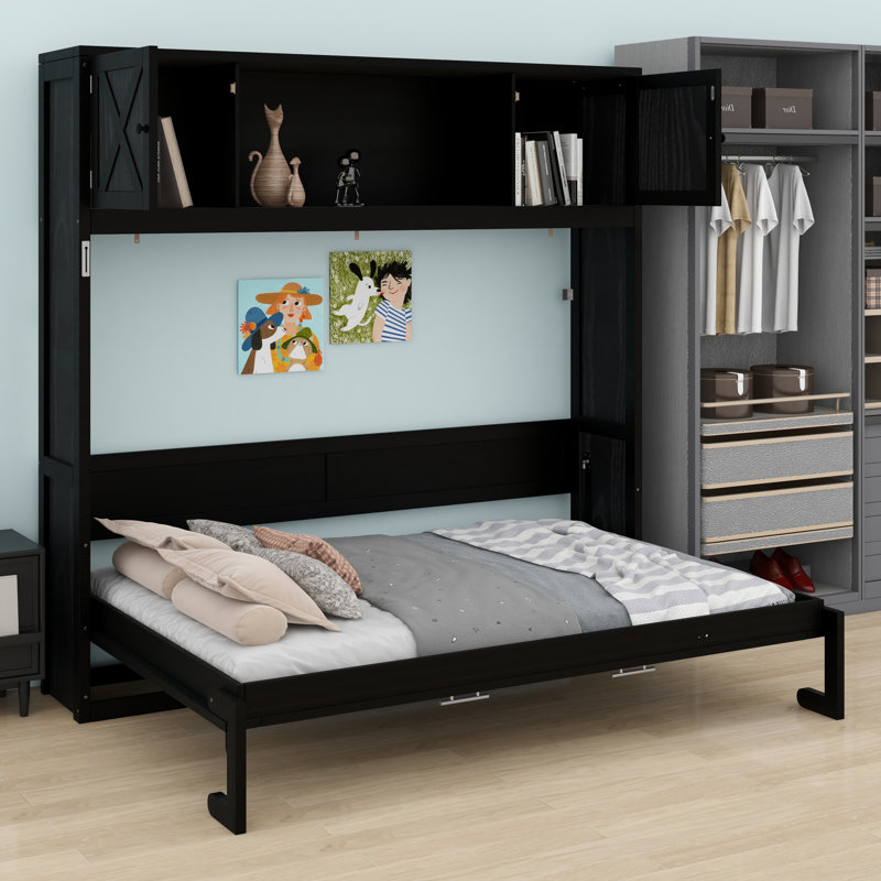 Lit escamotable peu encombrant avec armoires de rangement, Noir