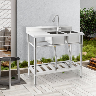 Freestanding Kitchen Sink,Stainless Steel Utility Sink with Hot & Cold Hoses, for Kitchen Outdoor