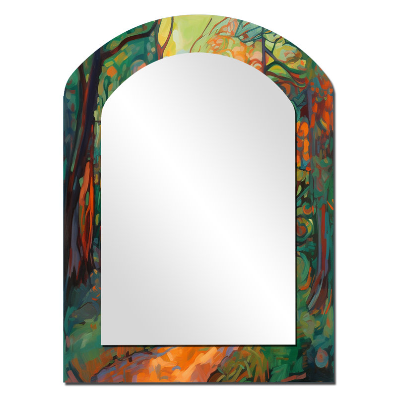 Lumière du soleil à travers les arbres en automne forêt II - miroir mural arche forêt, miroir décoratif asymétrique traditionnel, impression d'art en métal