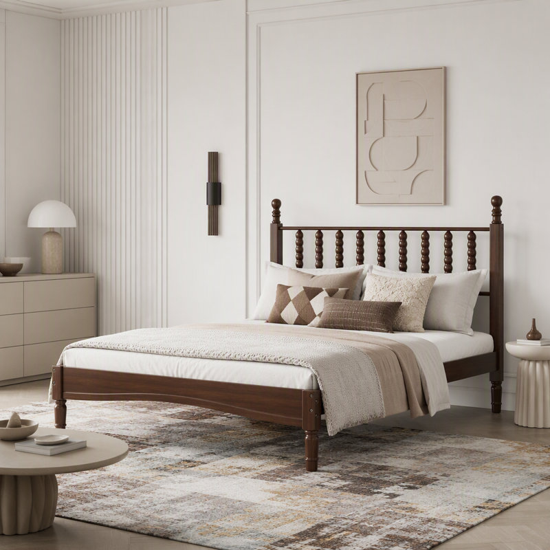Lit plateforme en bois avec tête de lit en forme de gourde, Lit double, Noyer