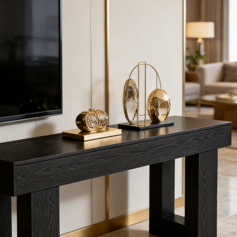 Longue console noire 63 po, canapé rectangulaire en bois avec pieds creux en forme de U pour le vestibule et le salon