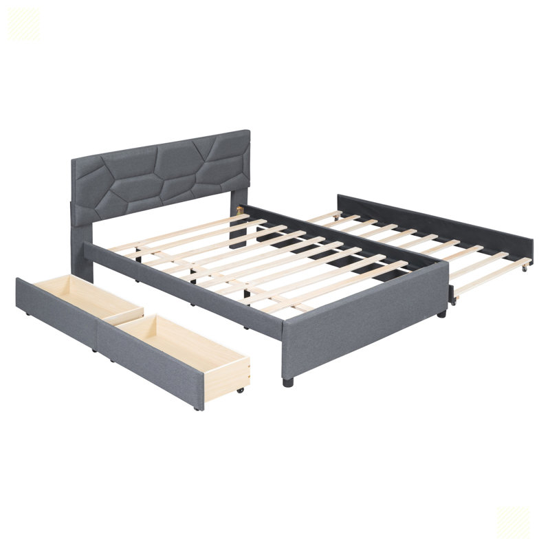 Lit plateforme avec tête de lit à motif brique et tiroirs, gris