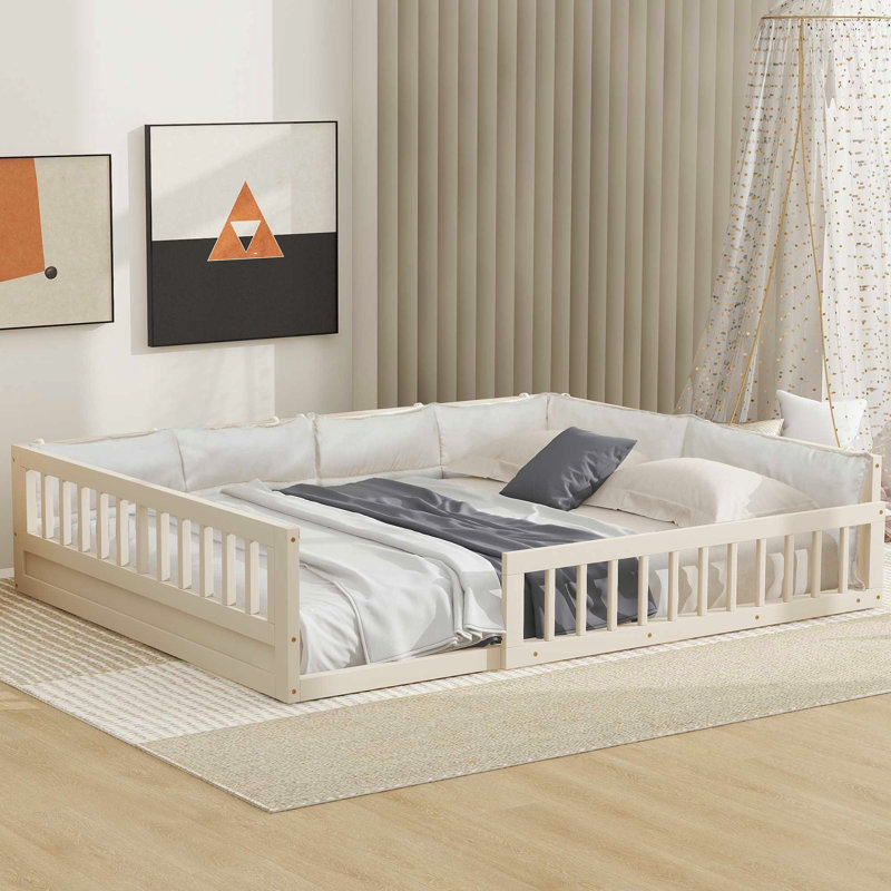 Lit plateforme double tapissier pleine grandeur beige avec garde-corps et coussin moelleux - construction durable
