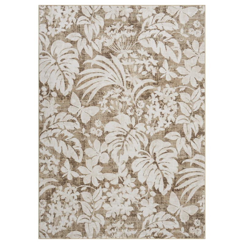 Tapis doux à motif de feuilles lavables - résistant aux marques, antidérapant, pliable, doux tapis en fausse laine - salon, chambre à coucher, cuisine - ton brun, 9 x 12 pi