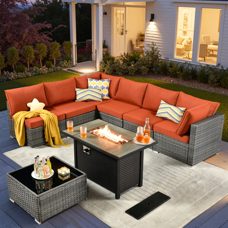Ensemble de conversation d'extérieur pour 6 personnes avec coussins, Orange