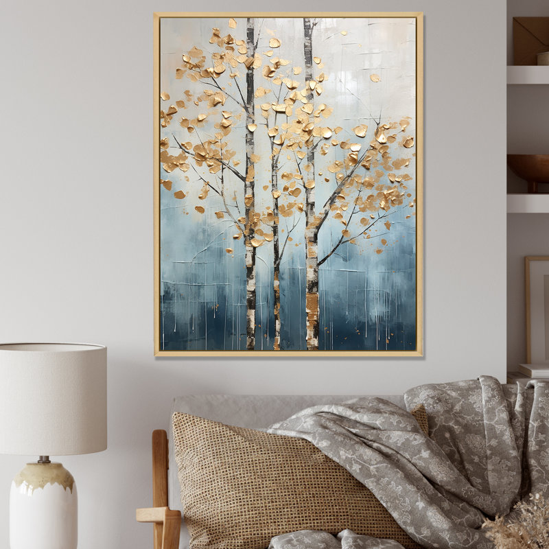 Décoration murale Harmony III - arbres dorés et bleus, Cadre flottant érable, H 40 po x l 30 po x P 1,5 po