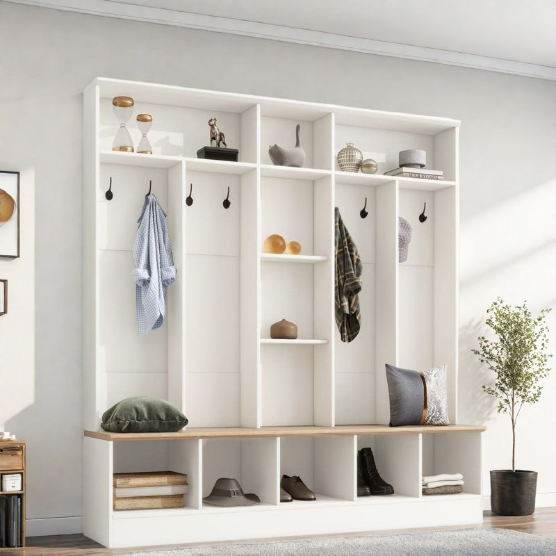 Wide Design Hall Tree With Storage Bench, Shoe Cabinet, Shelves And 8 Hooks, White