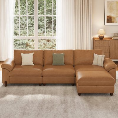 Canapé modulaire en L à 4 places avec repose-pieds avec rangement, canapé Cloud modulaire avec housses amovibles lavables, similicuir brun résistant aux égratignures