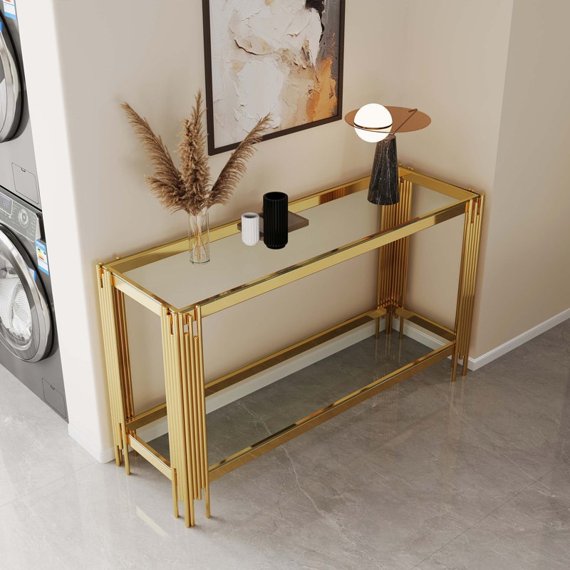 Top And Bottom Double Layer Tempered Glass Console Table And Mirror Finished Stainless Steel Frame