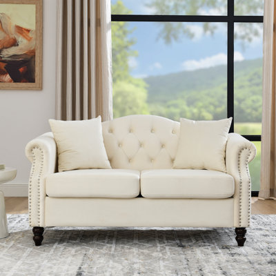 Bedroom 2 Seater - Grey Velvet With Seat, Rolled Arms And Nailhead Trim Cozy & Stylish 57" Apartment Couch Arms, Frame Reliable