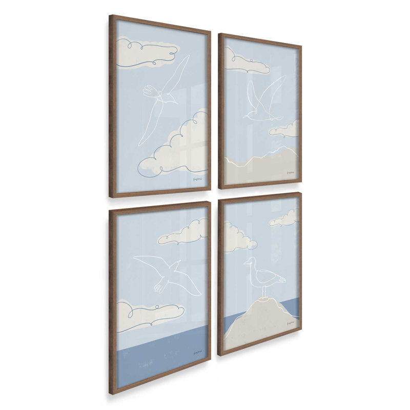 Ensemble de 4 impressions Chill Seagulls, Noyer, Impression encadrée, 18 po x 12 po