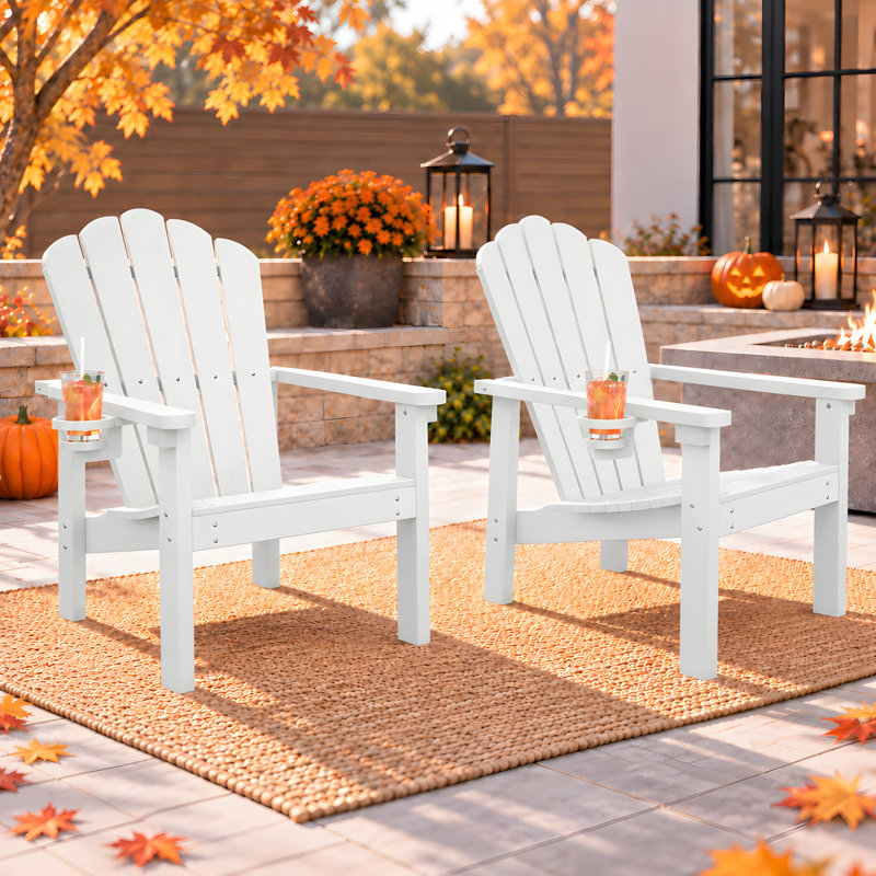Ensemble de 2 chaises Adirondack empilables en PEHD avec porte-gobelets, chaises d'extérieur toutes saisons Dareona, 2, Blanc