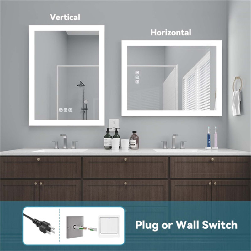 Miroir de salle de bain lumineux à DEL avec lumière latérale avant de 32 po x 24 po, désembuage de 5 minutes, réflexion Full HD, 3 couleurs à intensité variable, fixation murale