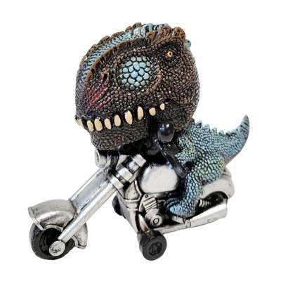 Polyresin Brown & Blue Jurassic Tyrannosaurus Rex Riding Motorcycle Freestanding Tabletop Figurine