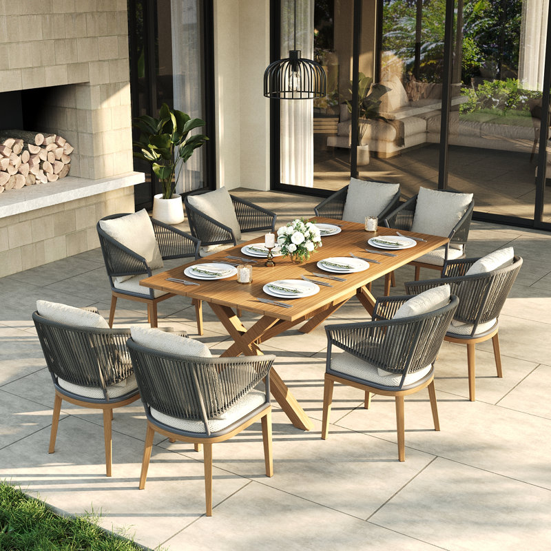 Ensemble repas extérieur pour 8 personnes avec coussins 8 personnes, Coussin beige / structure en bois brun