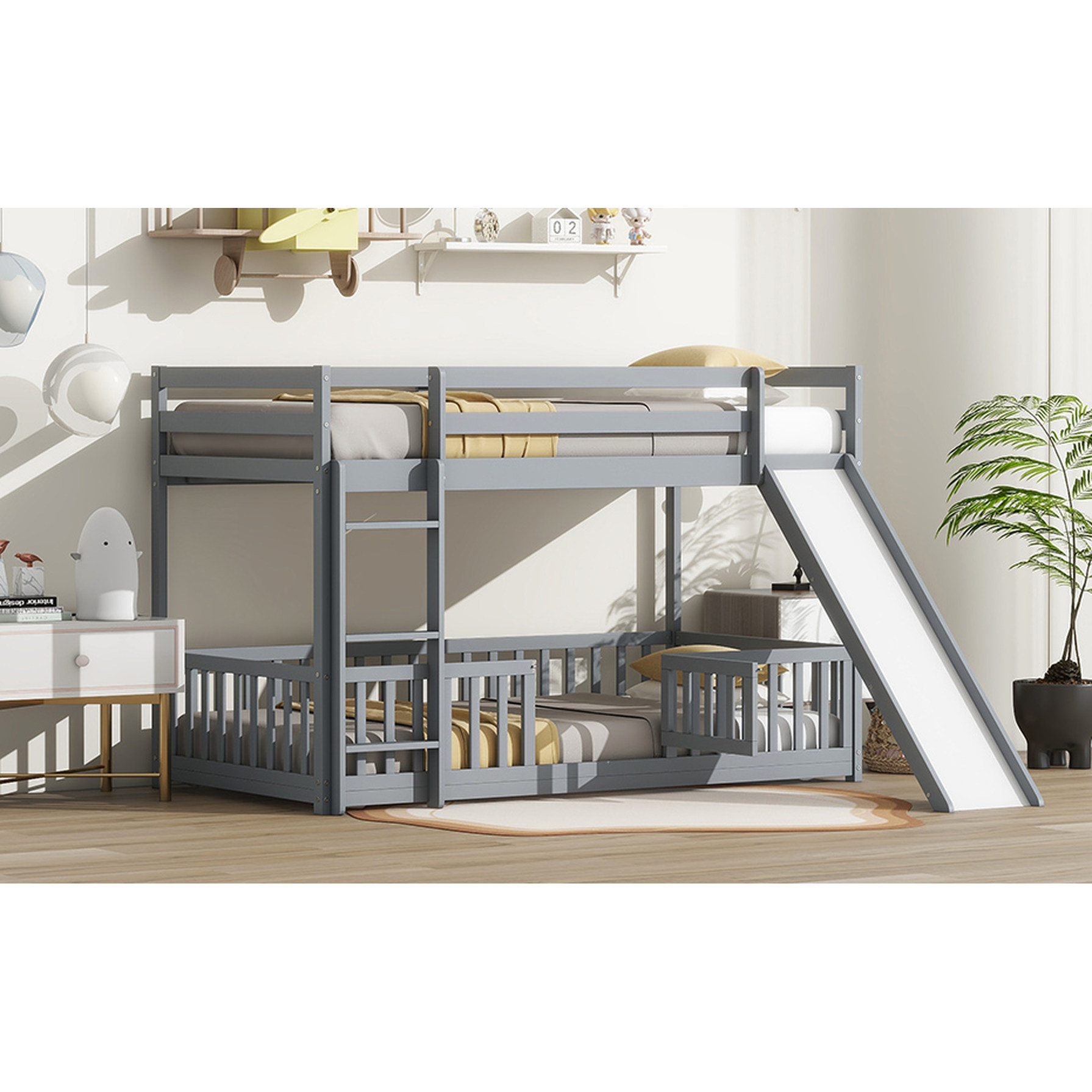 Harriet Bee Solid Pine Wood Twin Over Floor Bunk Bed With Slide - Grey ...