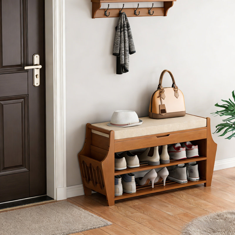 Banc à chaussures à 3 niveaux en bambou avec rangement et tablettes latérales, 19.7" H x 47.2" W x 11.8" D