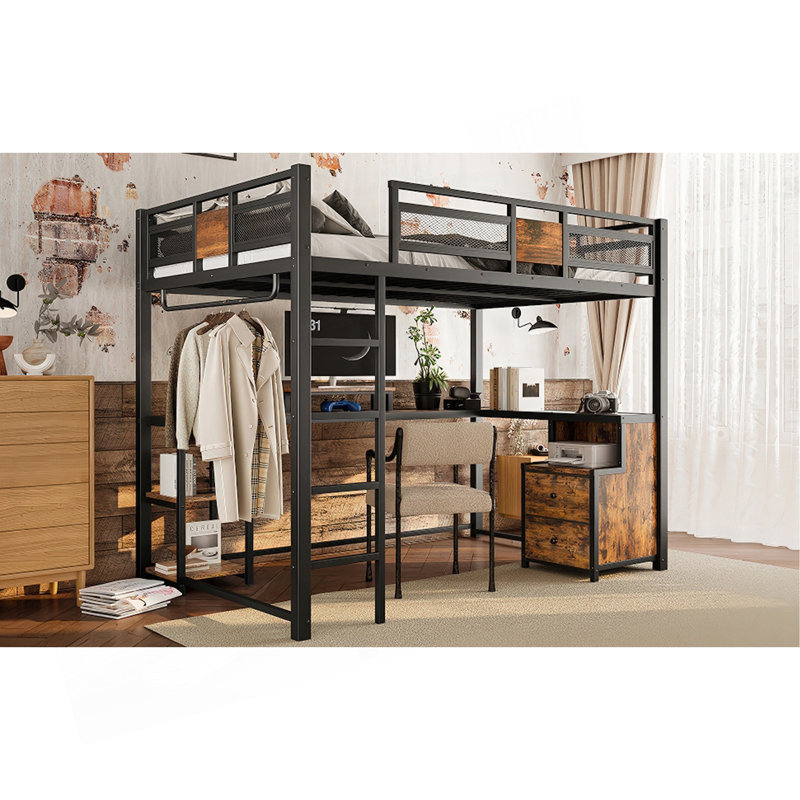 Lit mezzanine double avec bureau et tiroirs de rangement en tissu non tissé, structure de lit mezzanine en métal avec échelles, sans sommier et sans sommier