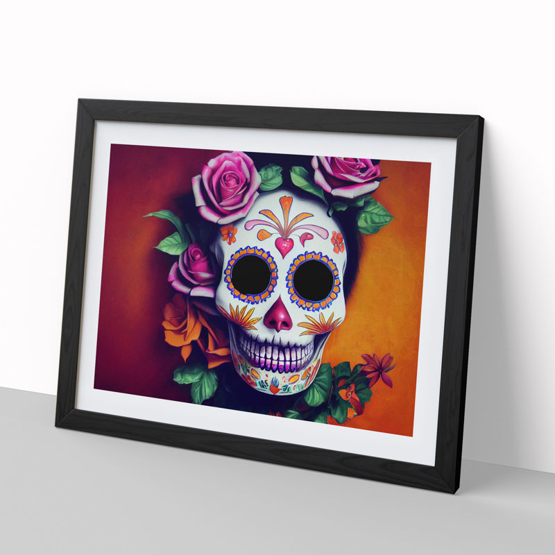 Refined Floral Sugar Skull - Single Picture Frame Print, Black Framed, 34cm H x 46cm W x 2cm D