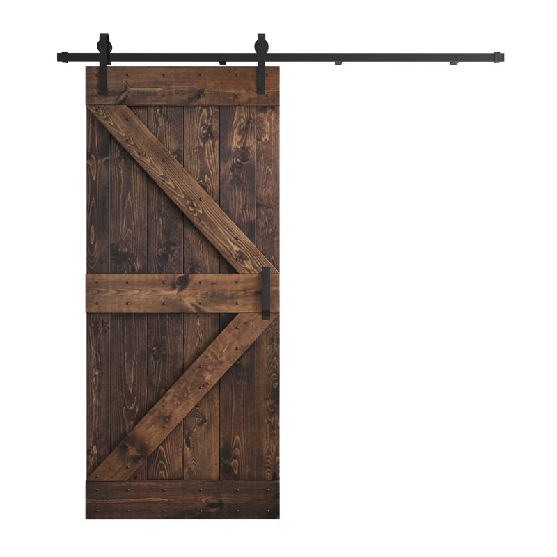 Porte de grange nouée à panneaux en bois et métal K Series, 38 po x 84 po, Café Kona