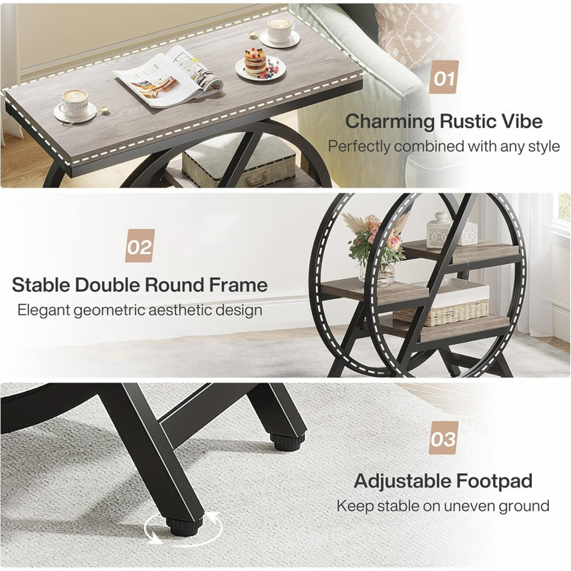 25.59" Industrial Narrow End Table with 3-Tier Storage Shelves, Modern Grey Sofa Side Table with Geometric Metal Frame, Small Space Nightstand or Bedside Table for Living Room & Bedroom