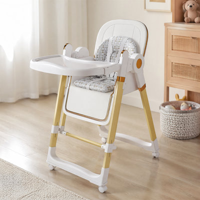 Convertible Foldable Kid High Chair, 2-in-1 Feeding High Chair Rocker with 5-Point Safety Harness, Removable 2-Tier Easy Clean Tray Lockable Wheels for Toddlers 6 Months to 3 Years, White