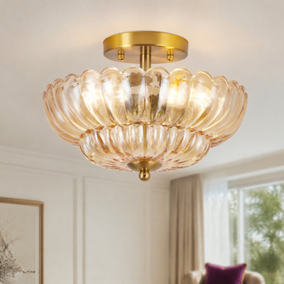 12 inch 3-Light Modern Gold Semi Flush Mount LED Ceiling Light With Amber Glass Shade