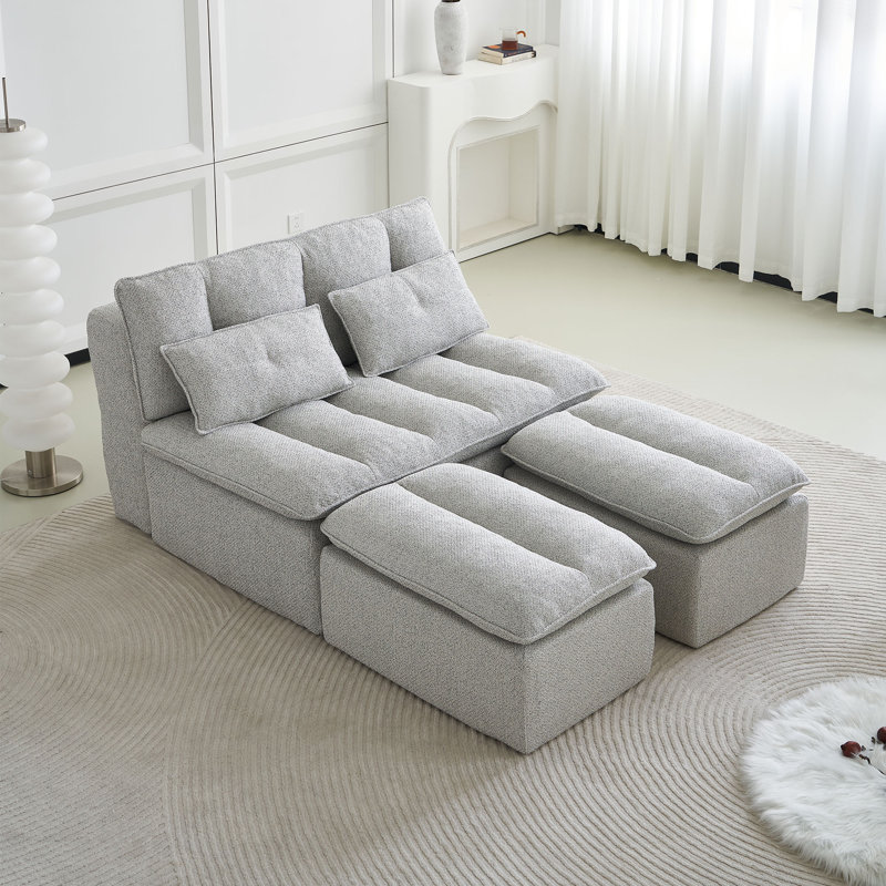 Ensemble de salon moderne avec causeuse et deux repose-pieds en lin Modern, Gris clair