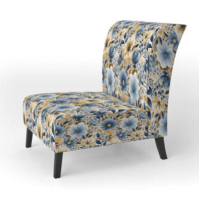 Blue & Ivory Coastal Dreams Floral Pattern - Upholstered Farmhouse Slipper Chair, Rustic Floral Accent Chair