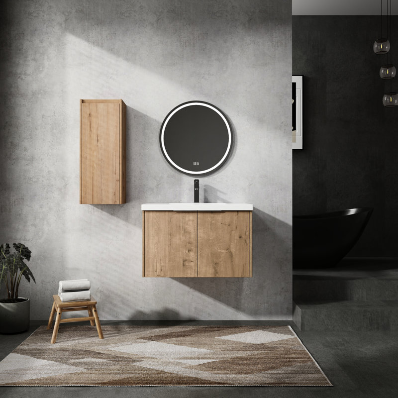 Meuble-lavabo de salle de bain avec lavabo en résine et armoire latérale - Accessoire moderne, mobilier, grand intérieur
