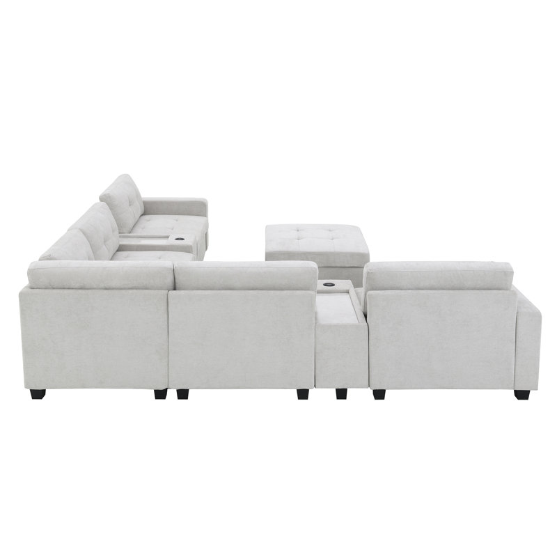 Ensemble de canapé en chenille en U, Chenille gris pâle