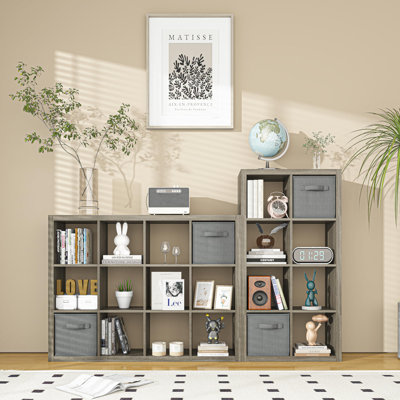 Bookshelf with Storage Bins, 16-Cube Storage Organizer Wooden Bookcase Open Book Shelf, Grey Oak
