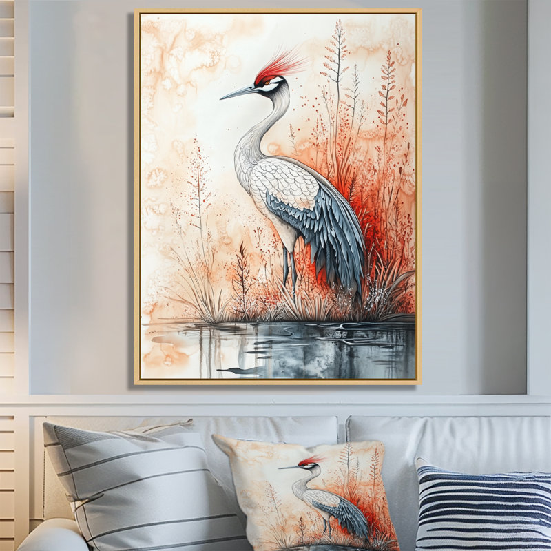 «Gray Crane in Sumi-E Flight II - Bird», art mural encadré, H 20 po x l 12 po, Cadre naturel flottant