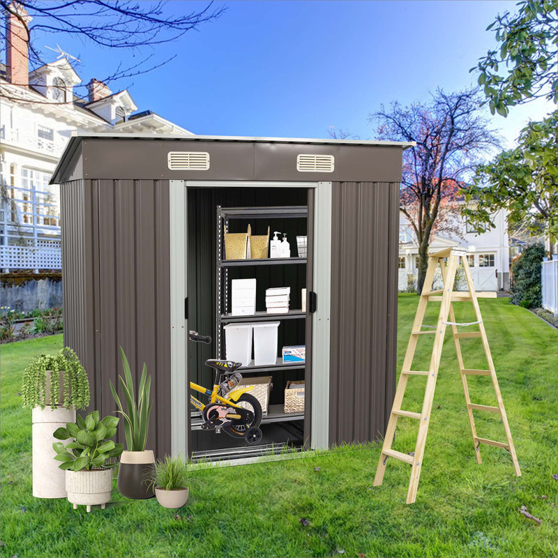 6Ft X 4Ft Outdoor Metal Storage Shed, Gray, 70.96" H x 72.53" W x 48" D