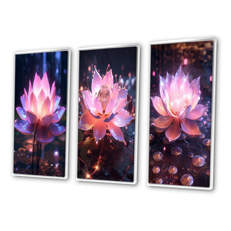 «Light Coming Through Pink Lotus», 3 pièces sur toile, Cadre flottant blanc, H 20 po x l 36 po